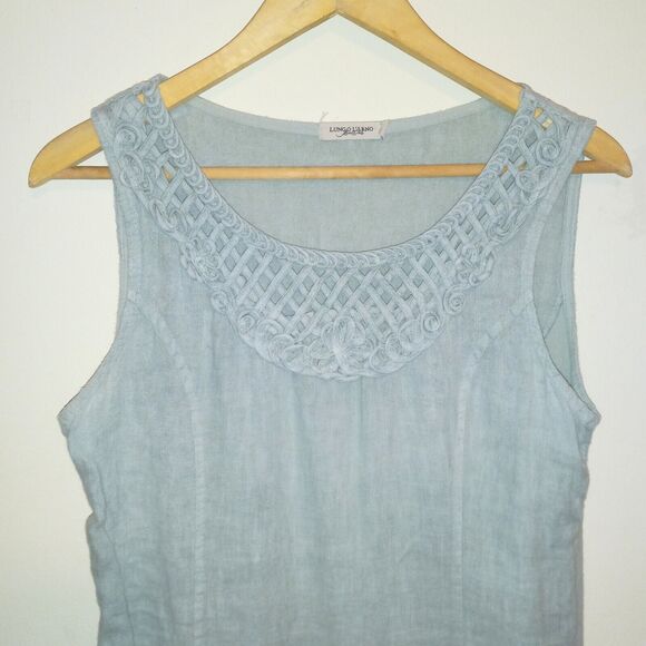 Lungo L'Arno Linen Sleeveless Shift Dress-Small-Lattice Yoke-Pockets-Sage Green - Picture 3 of 10